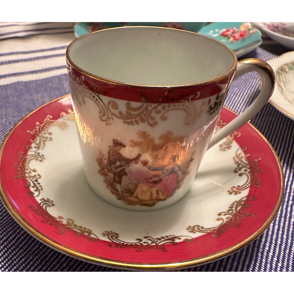 Limoges France Porcelain Tea Cup Saucer Courting Scene Gold Gilt Trim 1950's